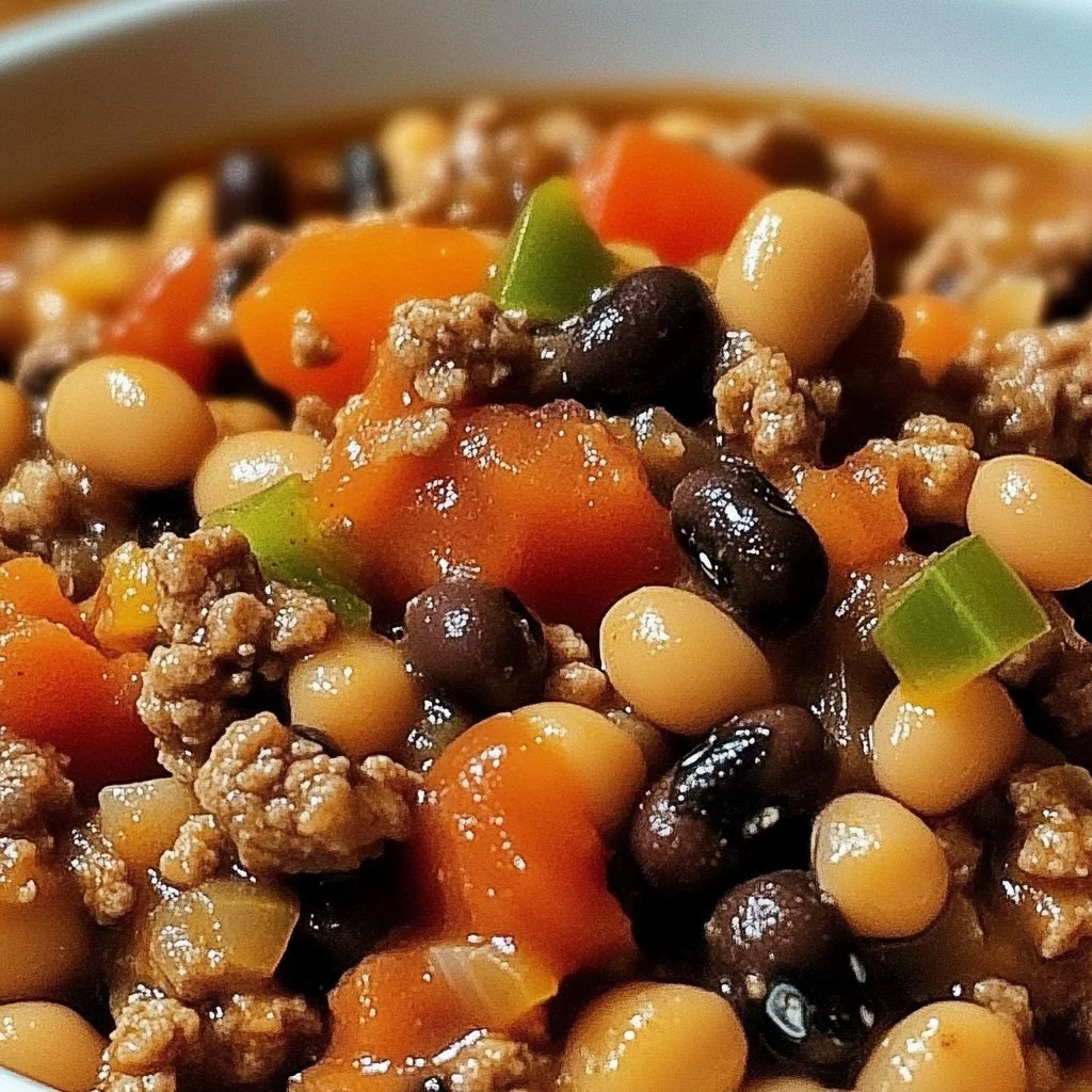 Delicious dish of Black Eyed Peas and Ground Beef served in a bowl