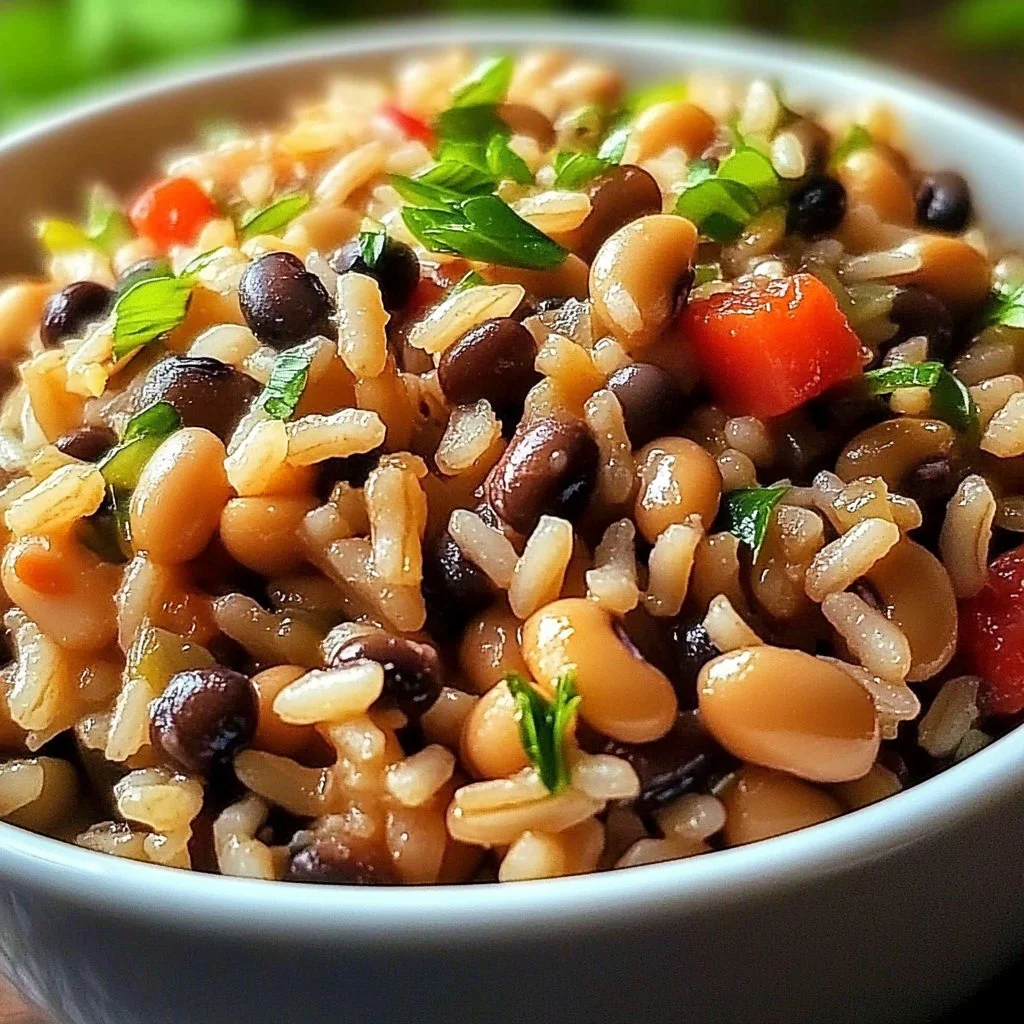 Bowl of black eyed peas and rice dish garnished with herbs and spices