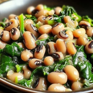 Dish of black eyed peas and spinach served in a bowl