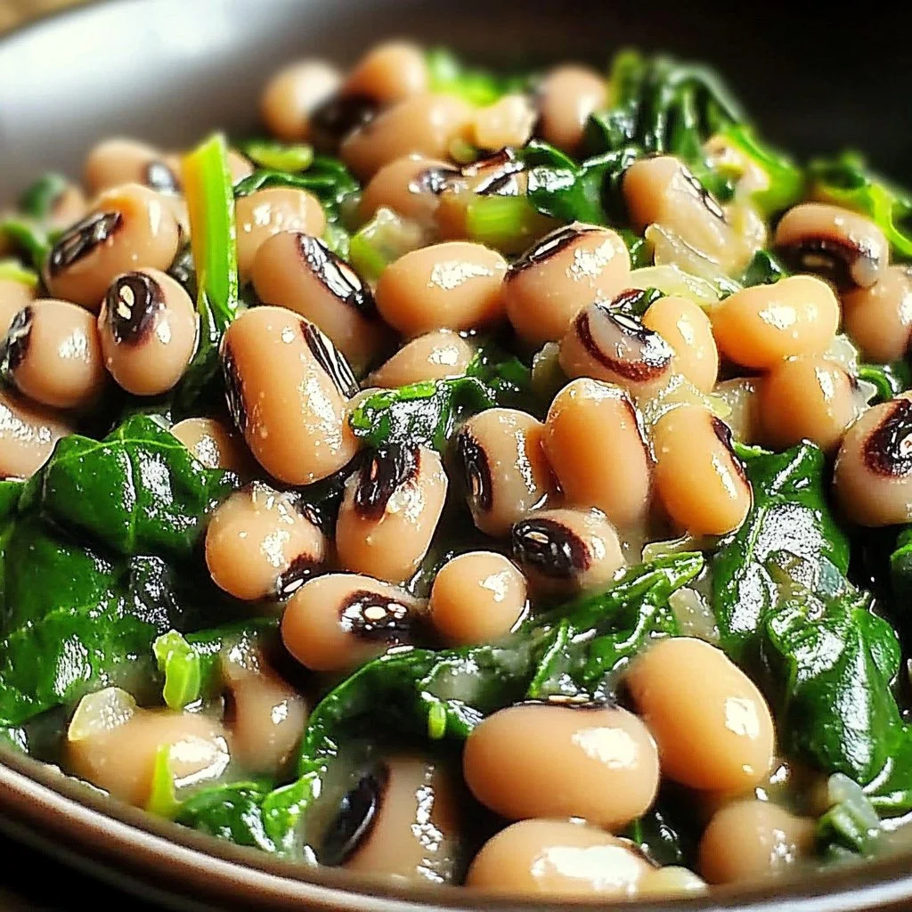 Dish of black eyed peas and spinach served in a bowl