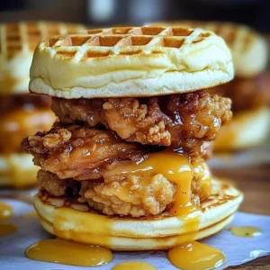 Plate of delicious chicken and waffle sliders garnished with syrup and herbs.