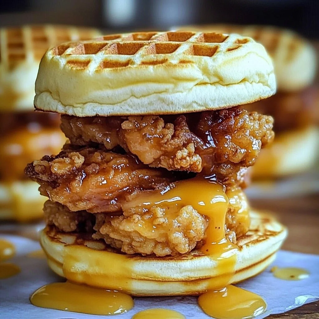 Plate of delicious chicken and waffle sliders garnished with syrup and herbs.