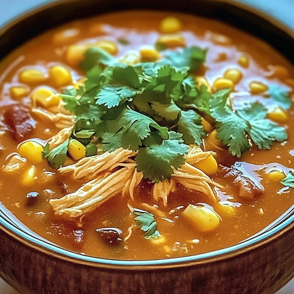 Bowl of irresistible chicken enchilada soup garnished with cilantro and avocado.