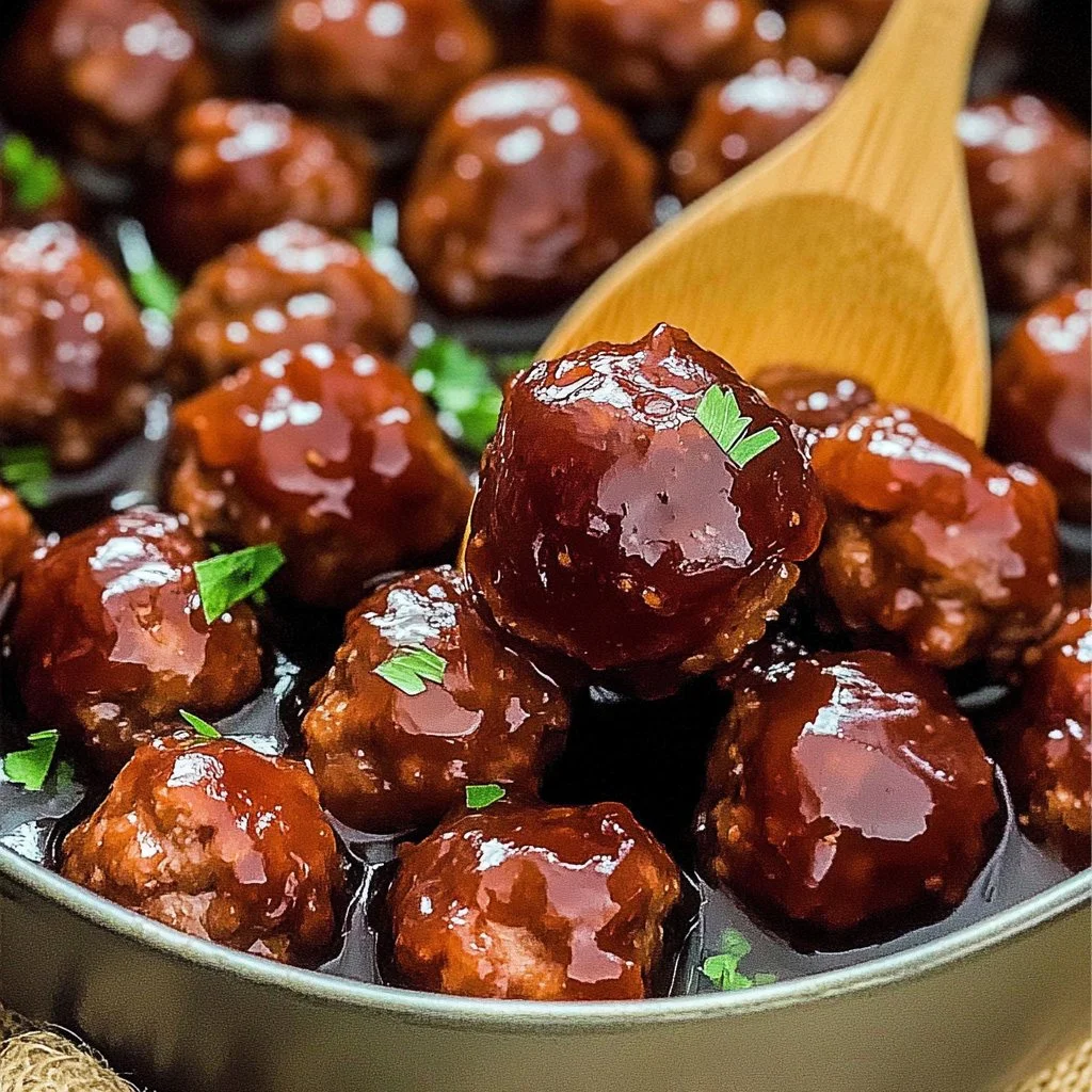 Plate of irresistible grape jelly meatballs served as an appetizer