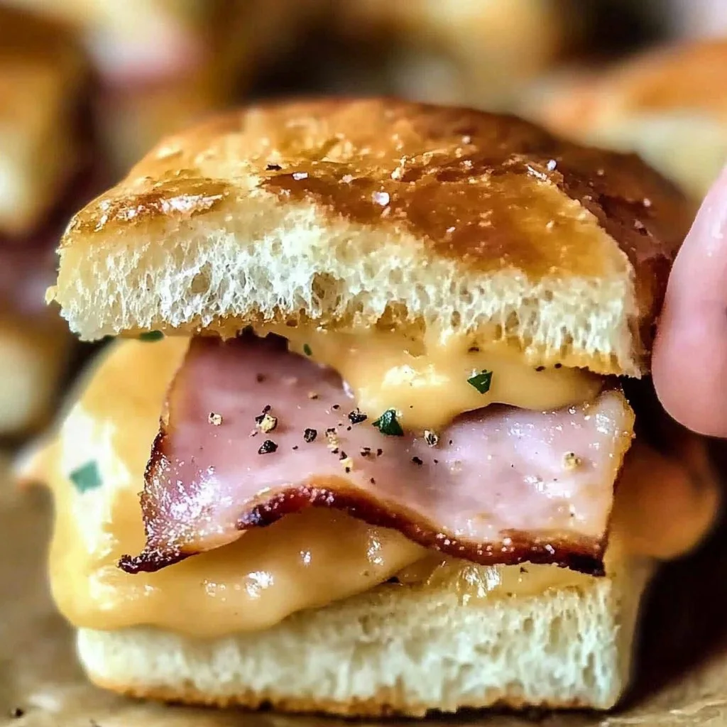 Delicious ham and cheese sliders on a platter, perfect for parties and snacks.