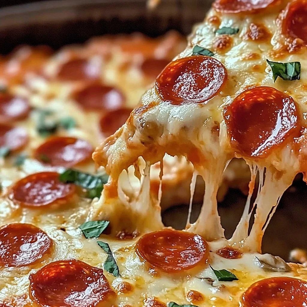 Baked irresistible pizza dip served with chips and fresh herbs on top