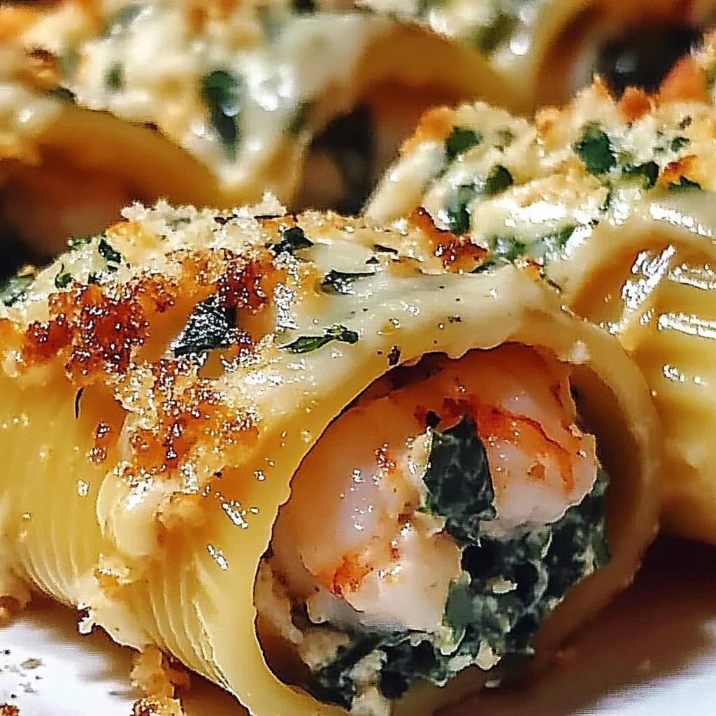 Shrimp spinach stuffed pasta rolls served on a plate with garnishes.