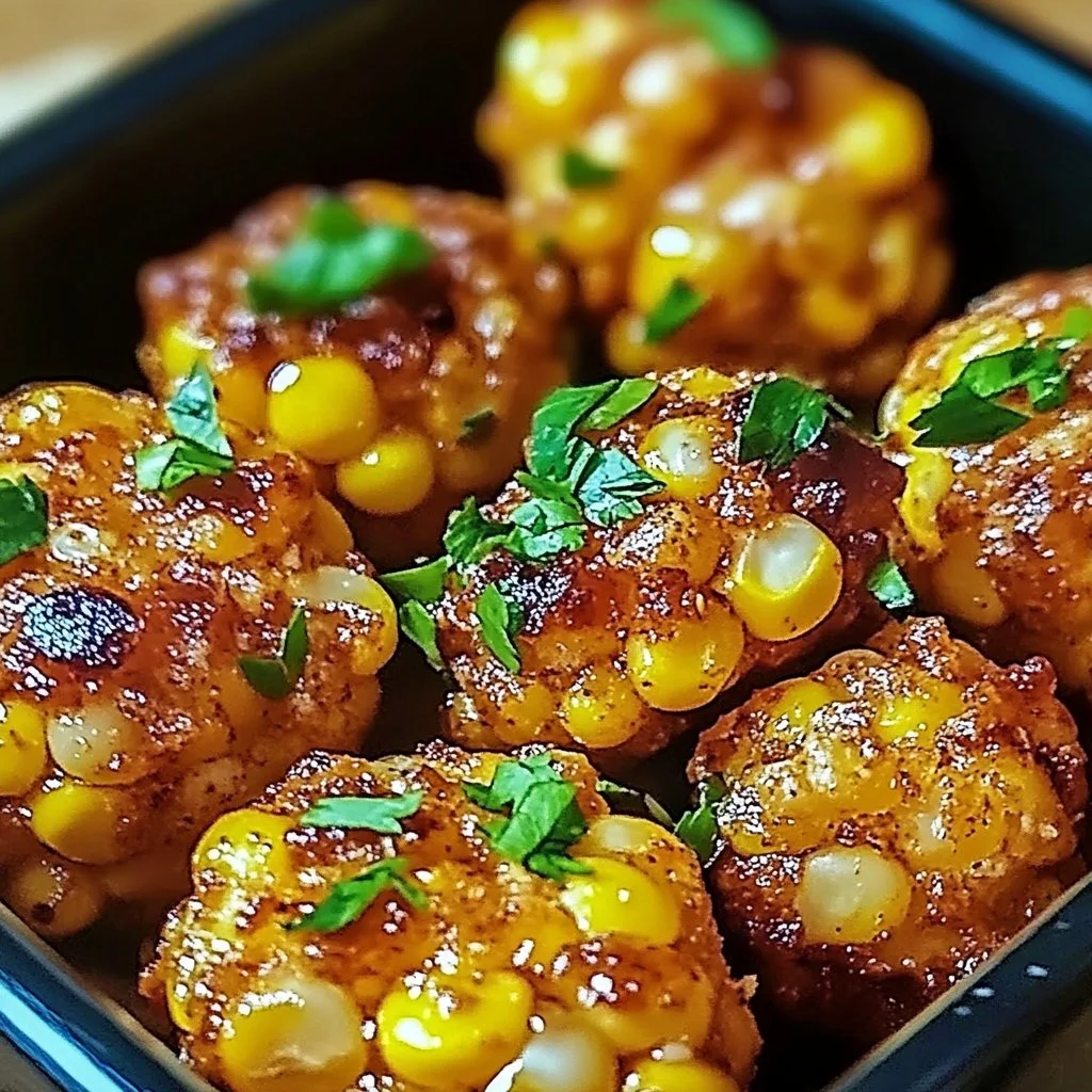 Plate of spicy Mexican corn bites garnished with fresh herbs