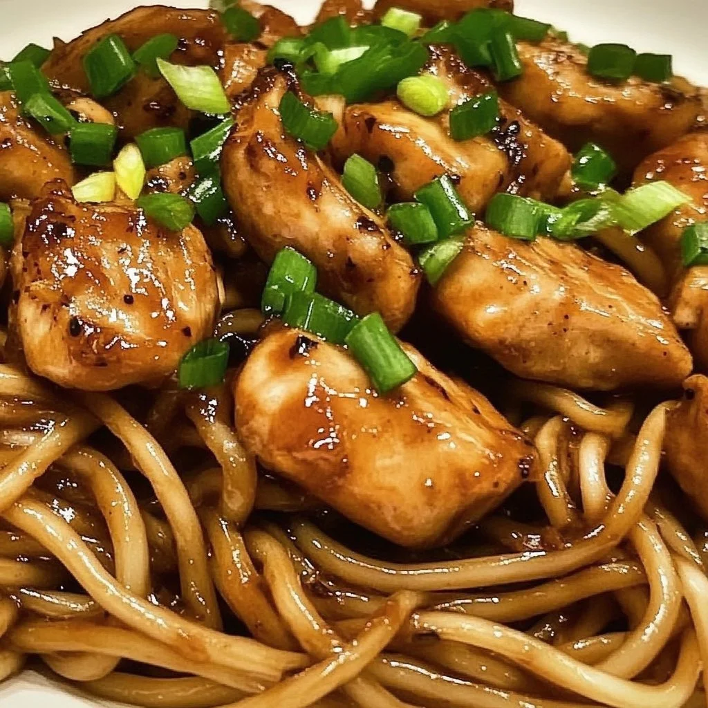 Plate of irresistible sticky garlic chicken noodles garnished with parsley