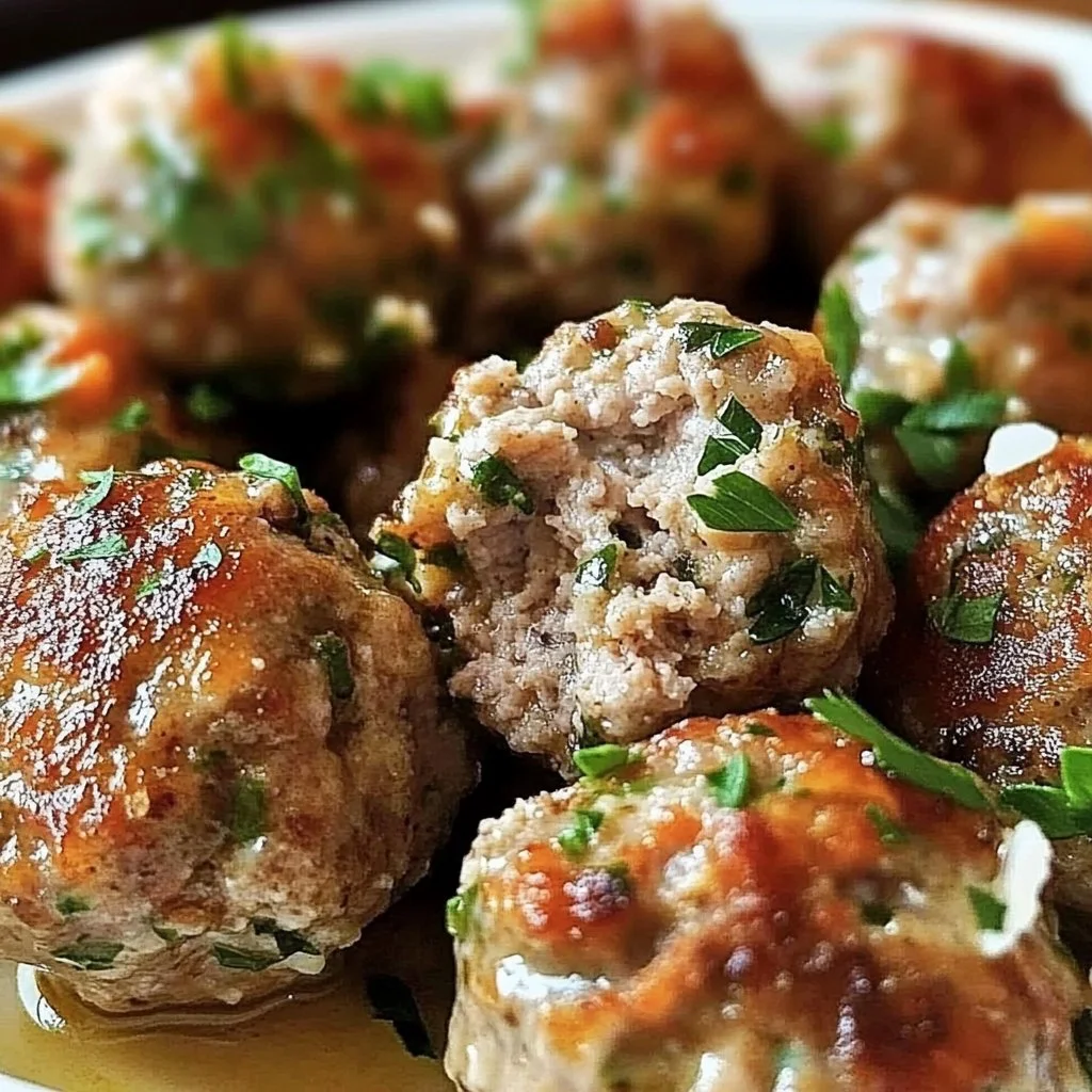 Plate of Keto Greek Meatballs garnished with herbs and sauce