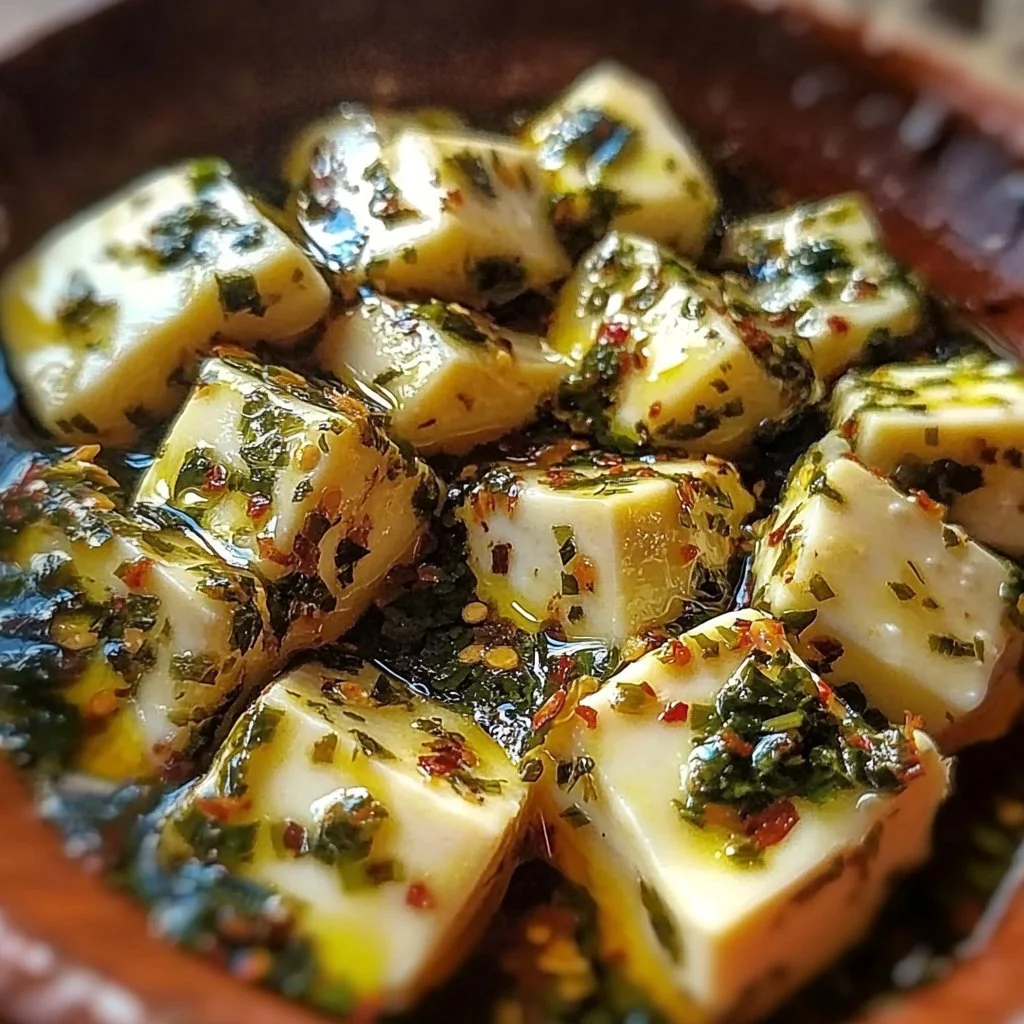 Delicious marinated cheese appetizer served with herbs and spices