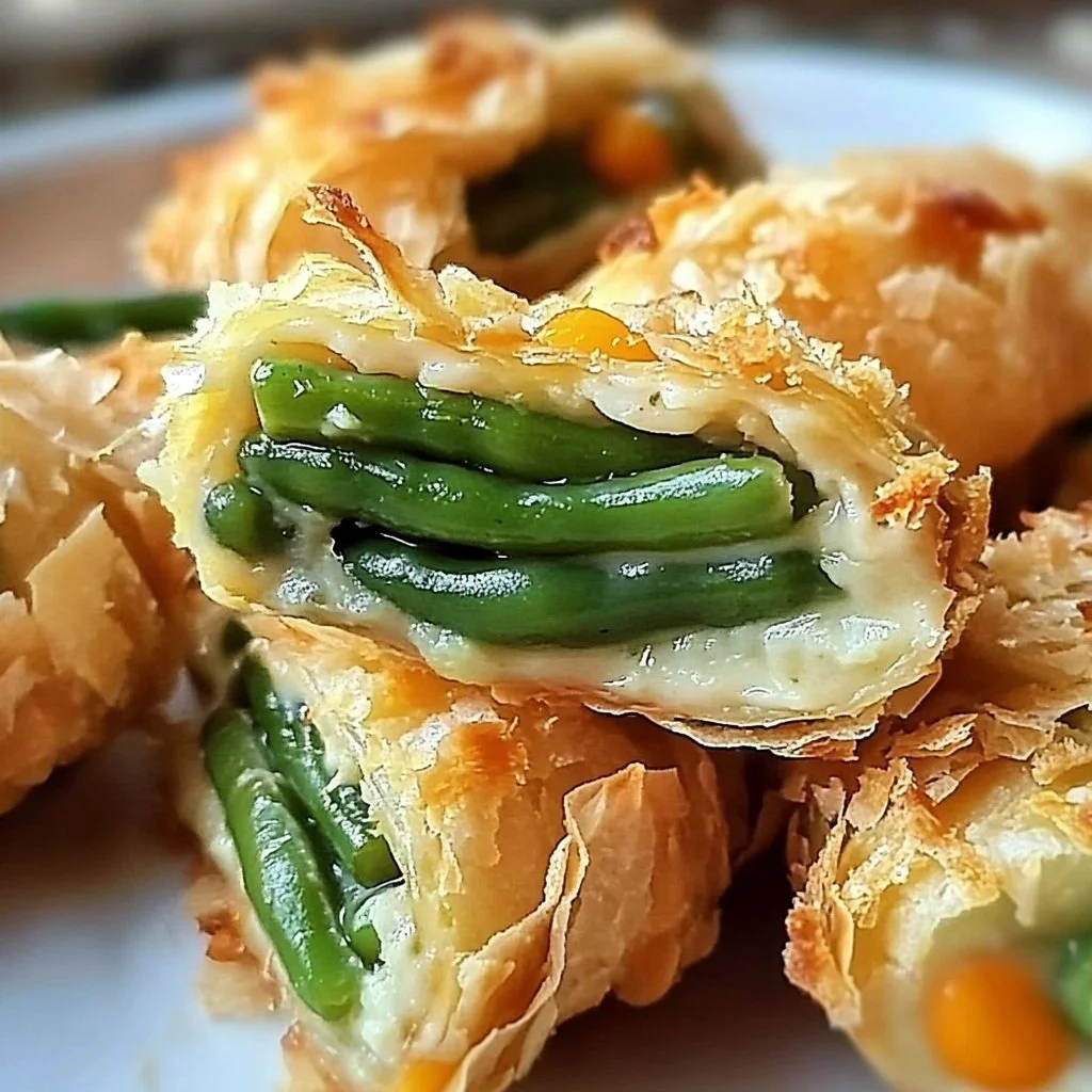 Mini green bean casserole bites served on a festive platter