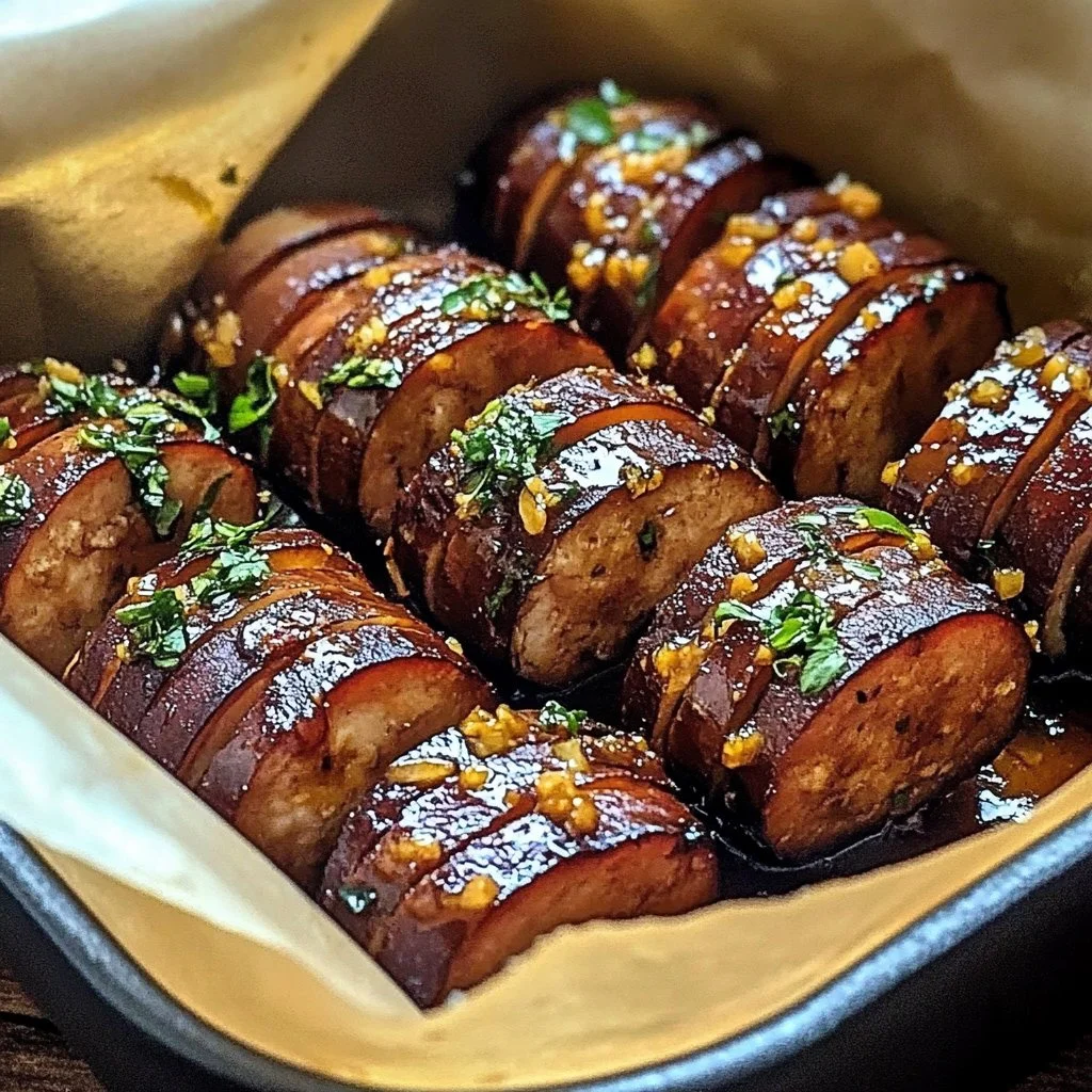 Mustard Hasselback Kielbasa Bites served on a platter with dipping sauce