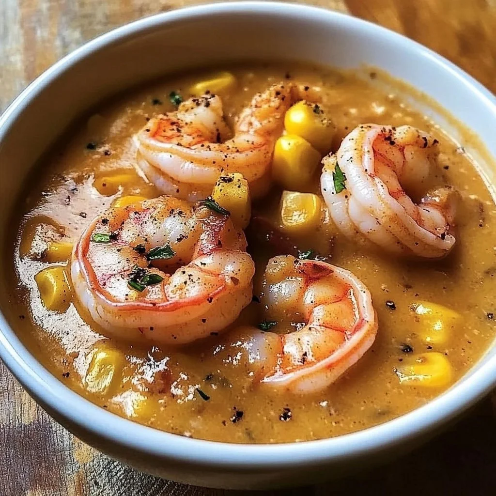 A bowl of New Orleans shrimp and corn bisque garnished with herbs.