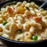 One pot veggie mac and cheese dish with colorful vegetables and creamy sauce.