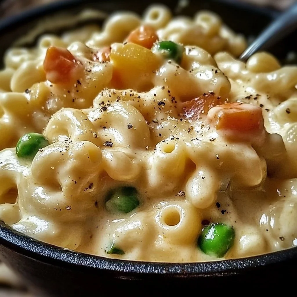 One pot veggie mac and cheese dish with colorful vegetables and creamy sauce.