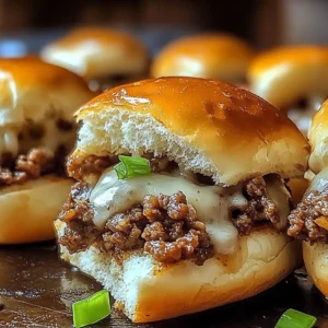 Philly cheesesteak sliders with ground beef served on a platter