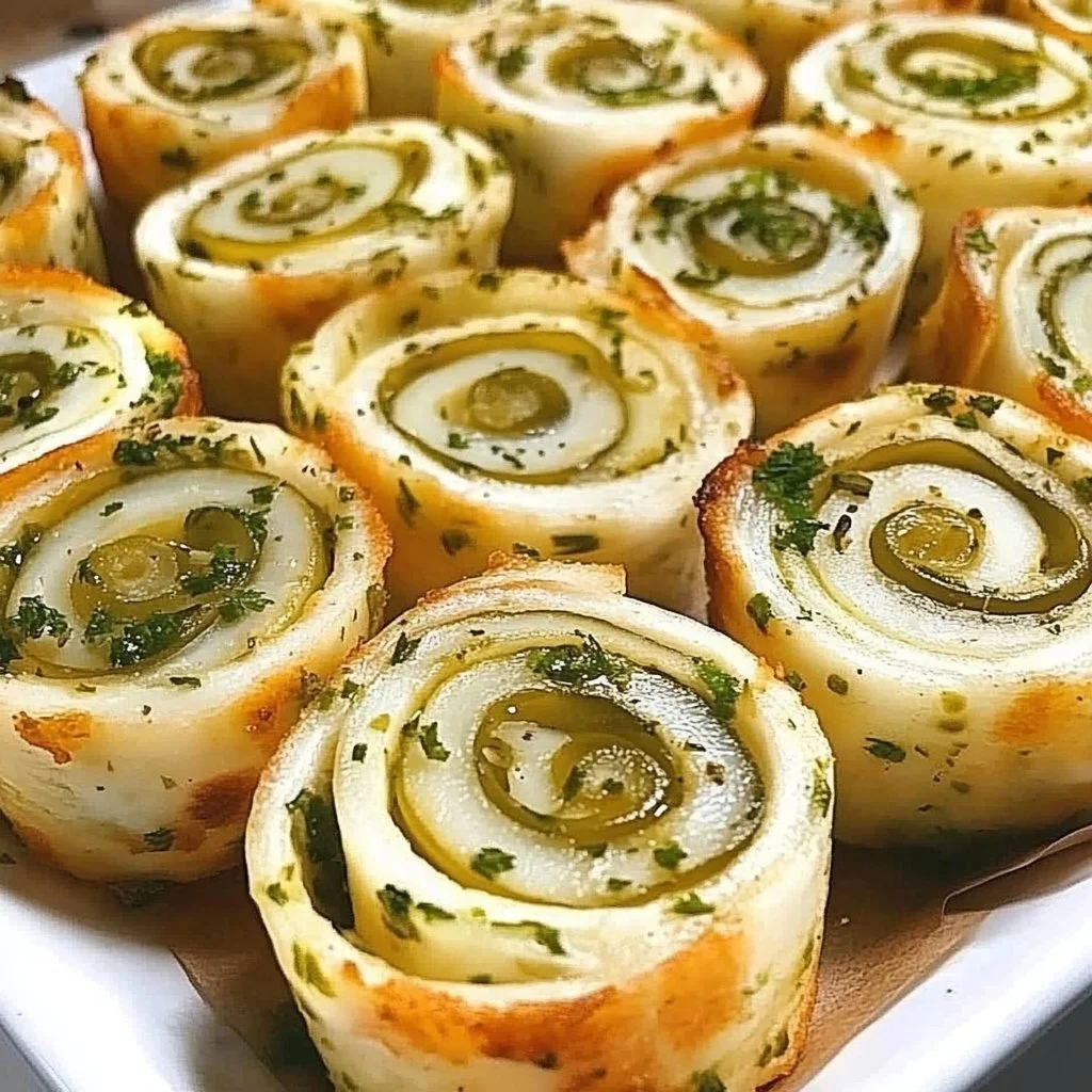 Delicious pickle dip pinwheels arranged on a platter for a tasty snack.