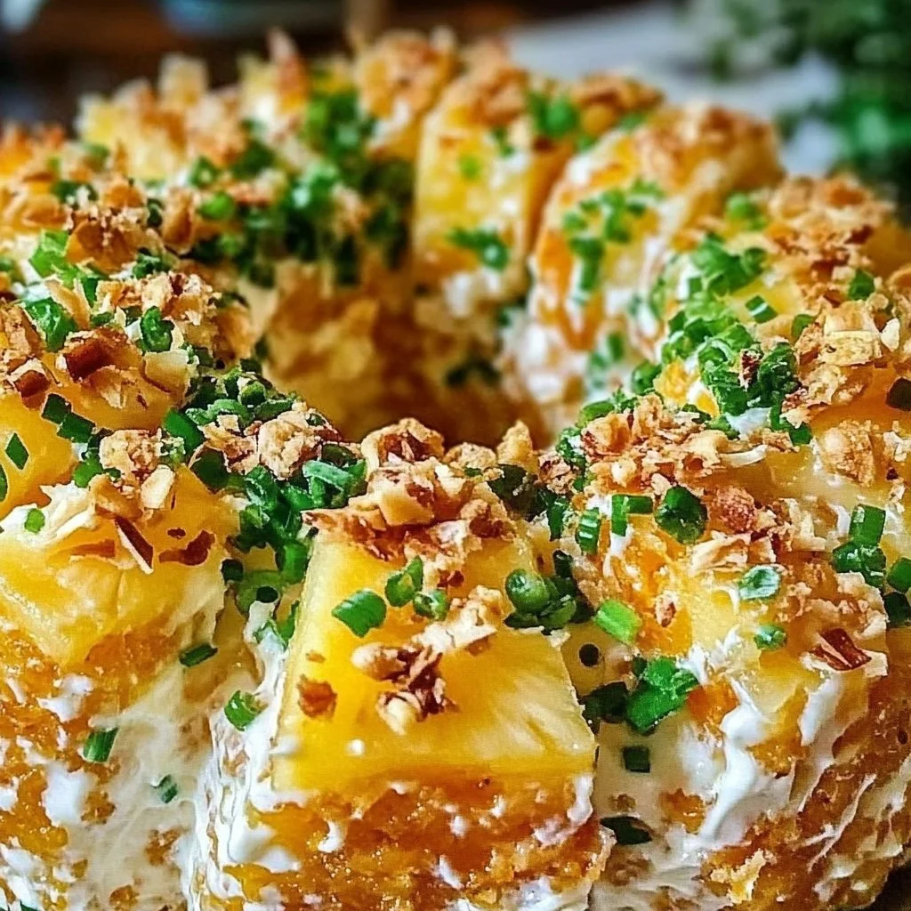 Pineapple and green onion cheese ball wreath garnished with herbs.