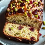 Deliciously baked Pistachio Cherry Bread garnished with cherries and pistachios