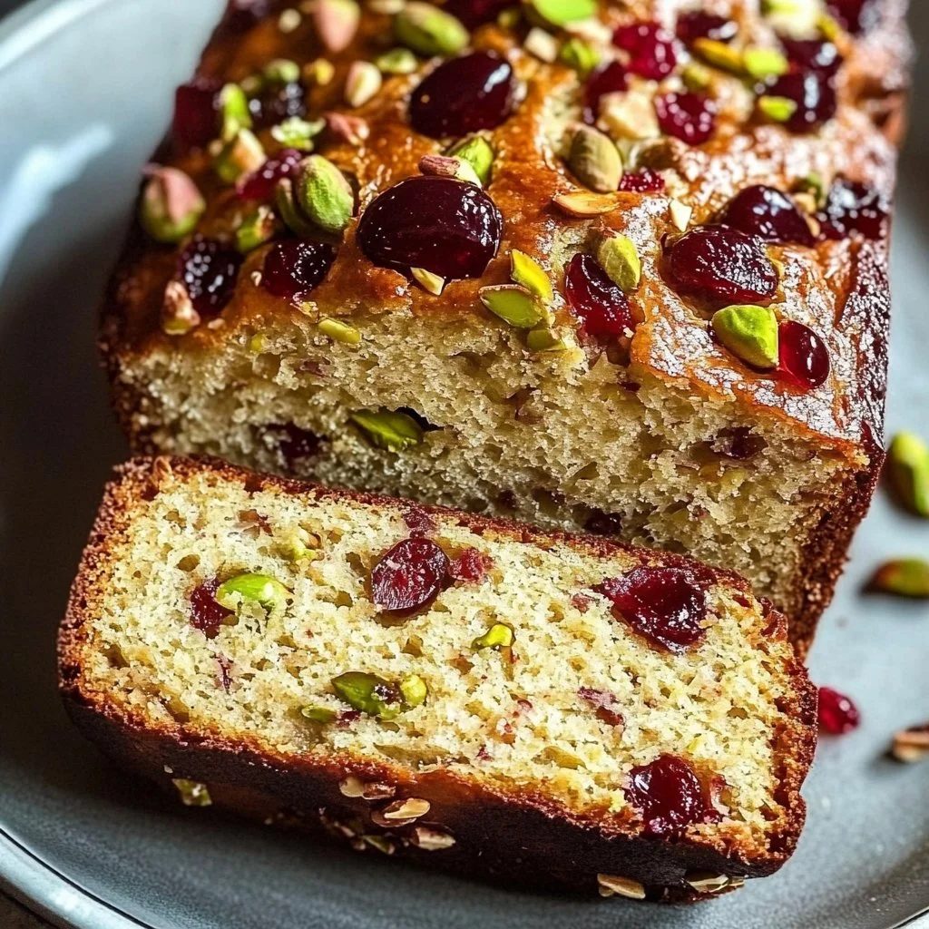 Deliciously baked Pistachio Cherry Bread garnished with cherries and pistachios