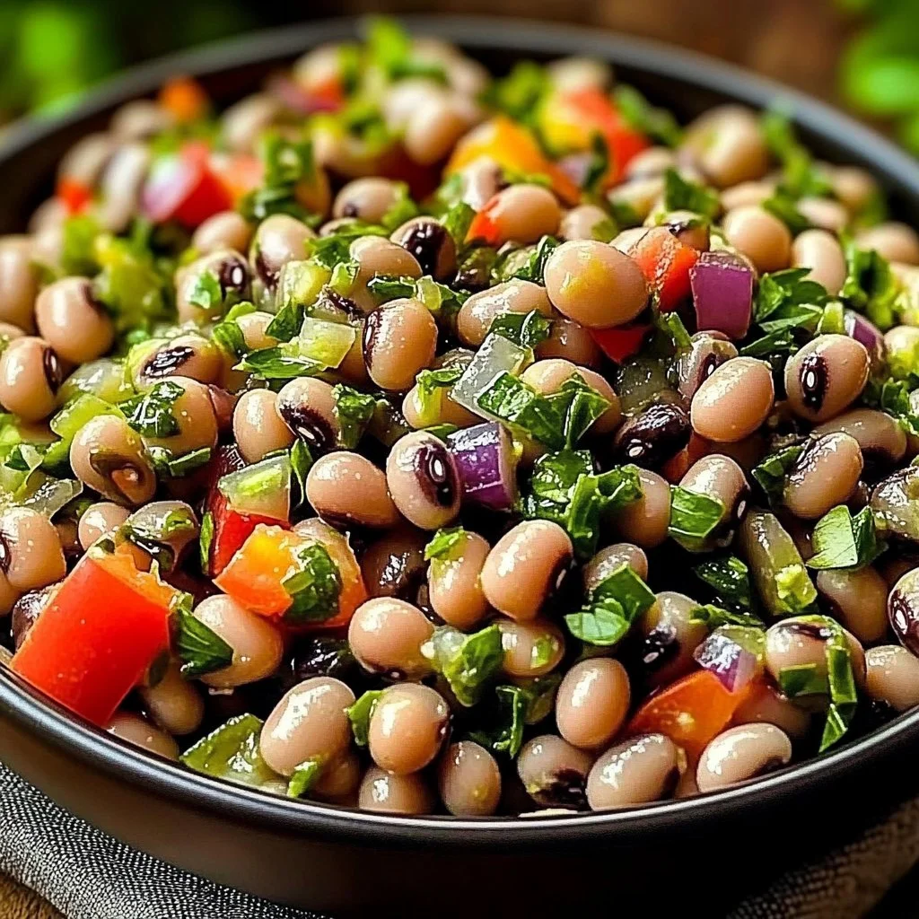 Colorful Portuguese Black Eyed Pea Salad with fresh vegetables and herbs