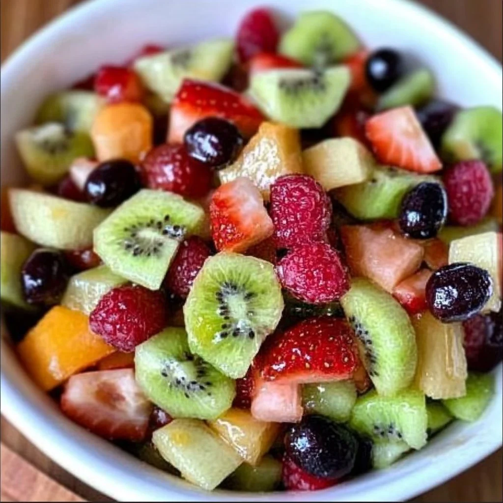 Red and green fruit salad with honey orange dressing in a bowl