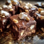 A delicious bowl of Rocky Road ice cream topped with marshmallows and nuts.