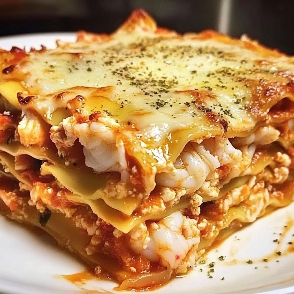 Delicious Shrimp Crab Lasagna with five layers of seafood and cheese