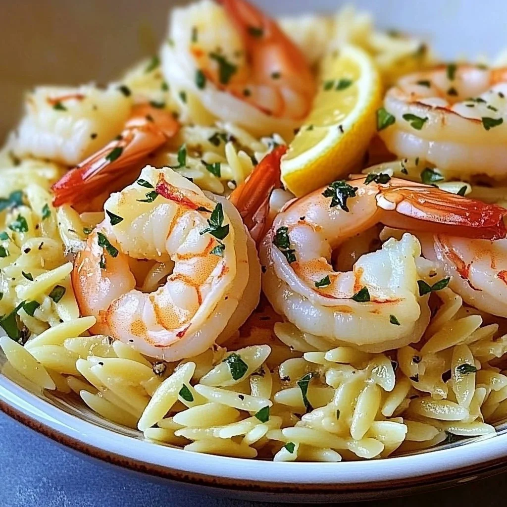 Plate of shrimp orzo in lemon garlic sauce garnished with parsley