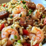 Delicious Shrimp Sausage Dirty Rice served on a plate with fresh herbs.