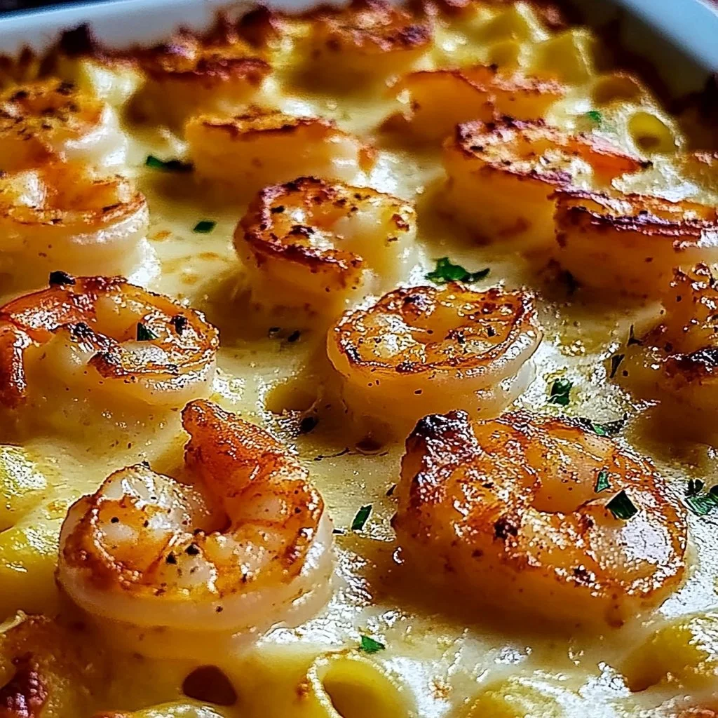 Shrimp Scampi Pasta Bake with shrimp and creamy sauce in a baking dish