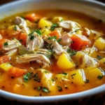 Bowl of delicious Sicilian Chicken Soup garnished with herbs