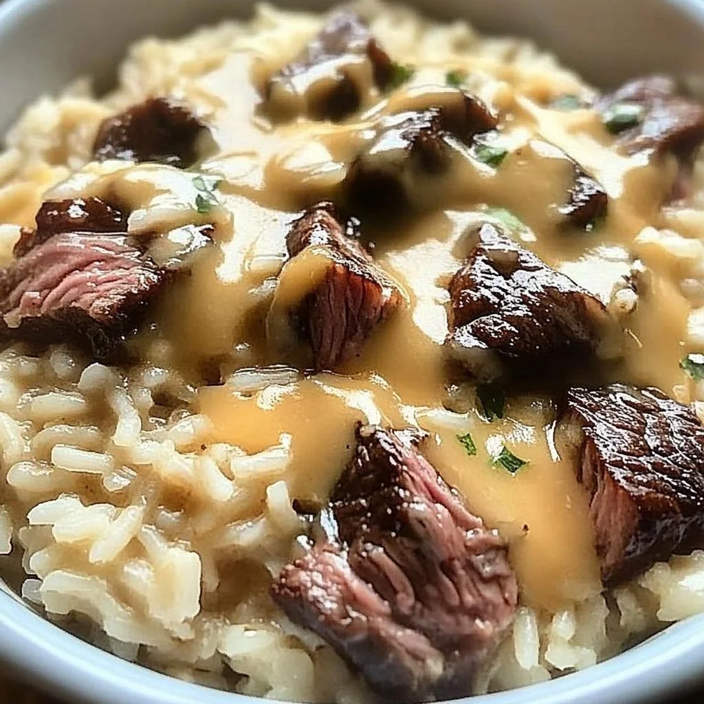 Plate of delicious Steak Queso Rice topped with melted cheese and fresh ingredients.