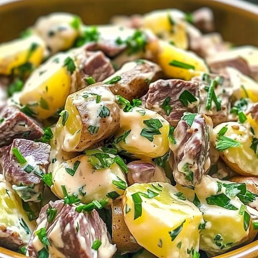 Creamy steakhouse potato salad garnished with fresh herbs.
