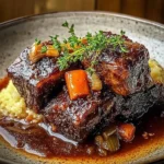 Deliciously tender braised short ribs served on a plate with garnish.