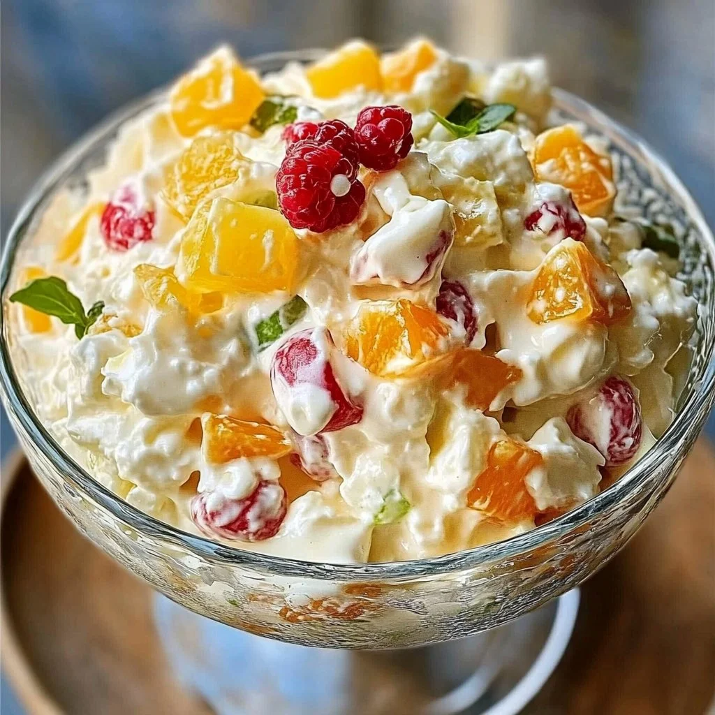 Delicious ambrosia salad with fruits and marshmallows in a serving bowl.