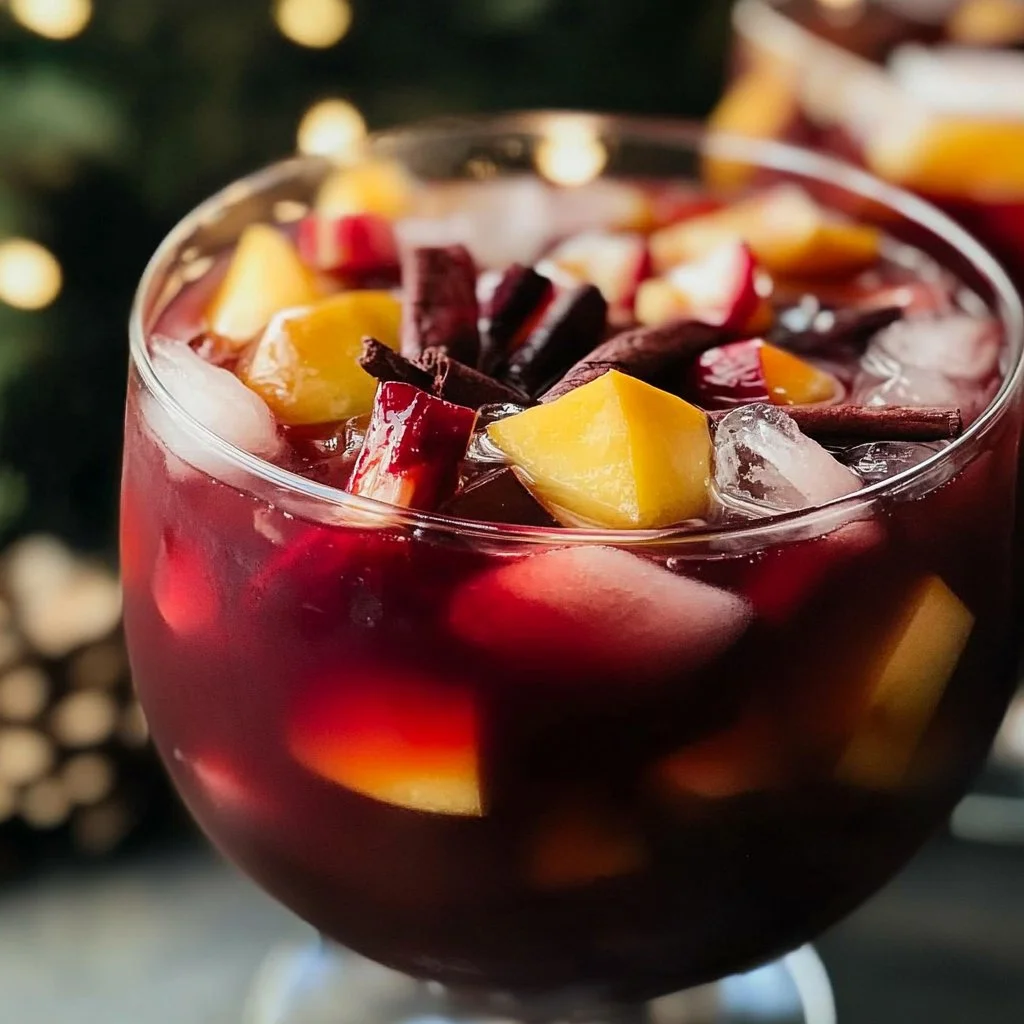Festive Holiday Sangria served in a glass with seasonal fruits