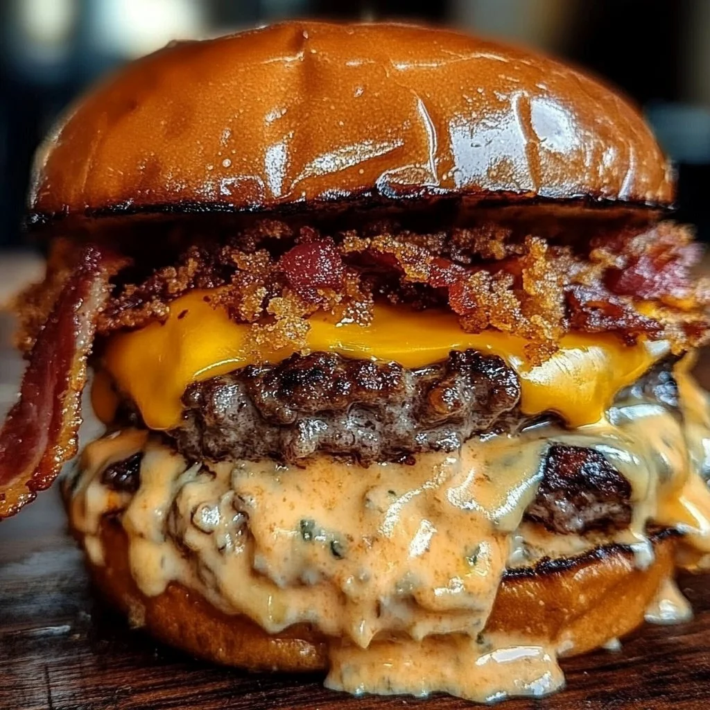 Ultimate Smash Burger with bacon and cheddar cheese on a plate