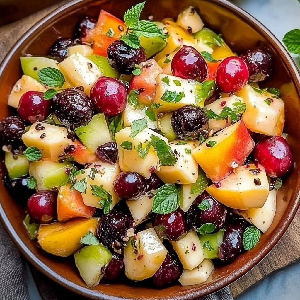A colorful winter fruit salad made with seasonal fruits and garnished with mint.
