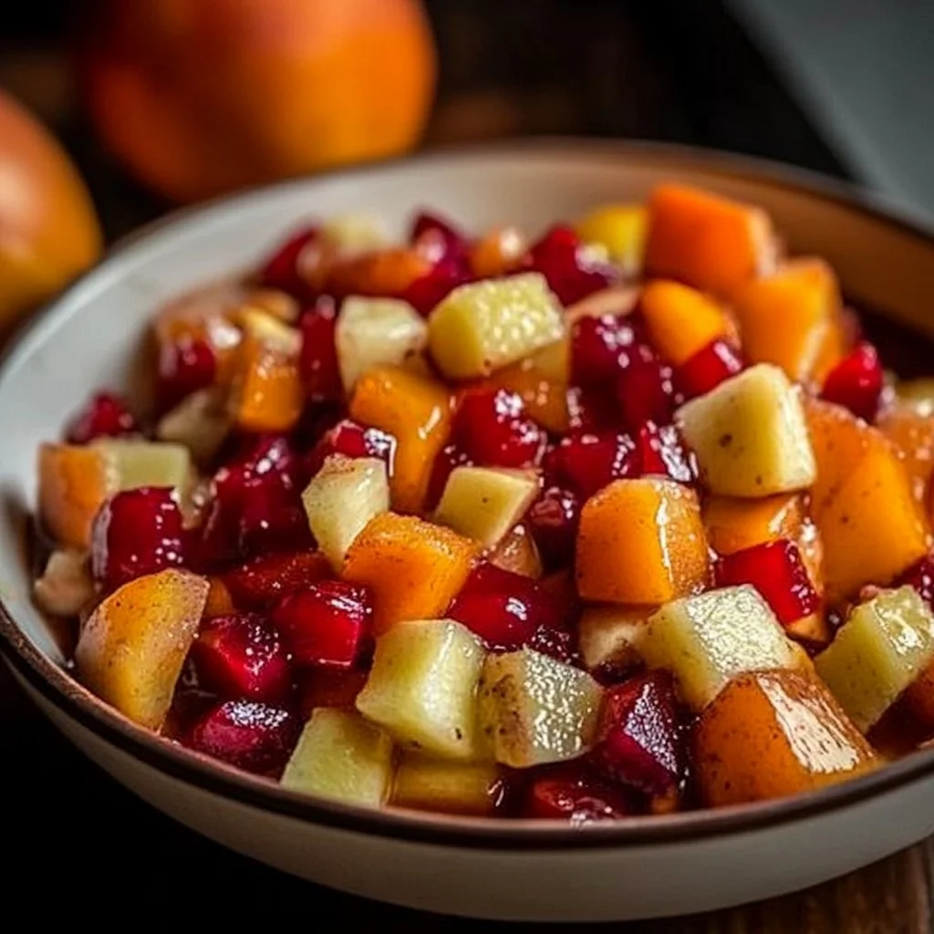 Winter fruit salad with a cinnamon vanilla dressing in a serving bowl
