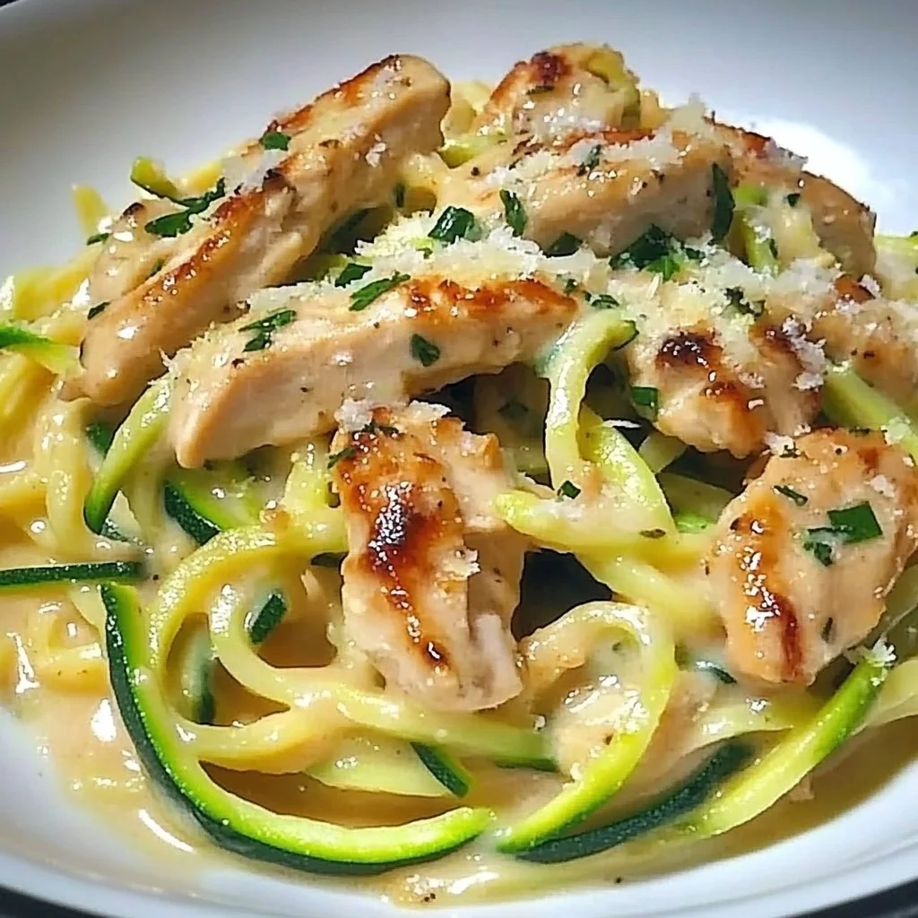 Zucchini Noodle Chicken Alfredo served in a bowl with fresh herbs