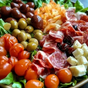Colorful antipasto salad with Italian greens, meats, cheeses, and olives.