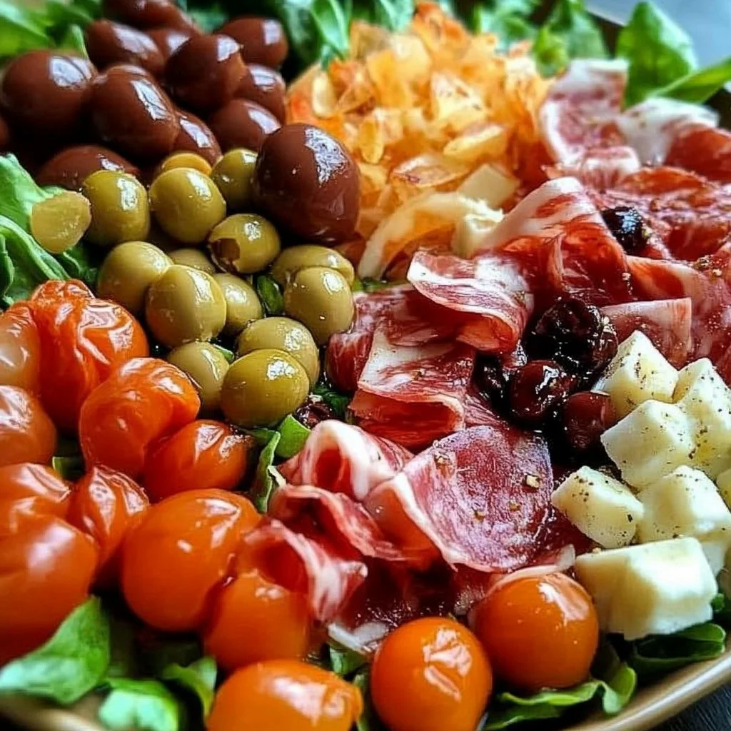 Colorful antipasto salad with Italian greens, meats, cheeses, and olives.
