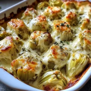 Deliciously baked artichoke hearts topped with melted cheese and herbs