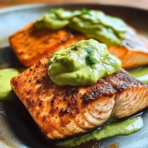 Baked Cajun Salmon garnished with avocado sauce on a plate
