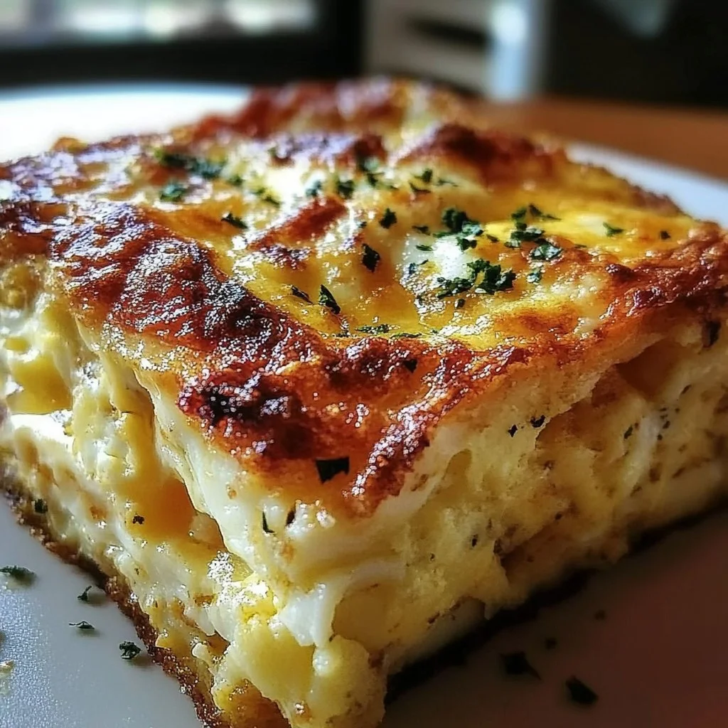 Delicious Baked Eggs Napoleon served in a ceramic dish with fresh herbs