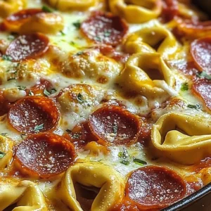 Baked pizza tortellini dish topped with cheese and herbs