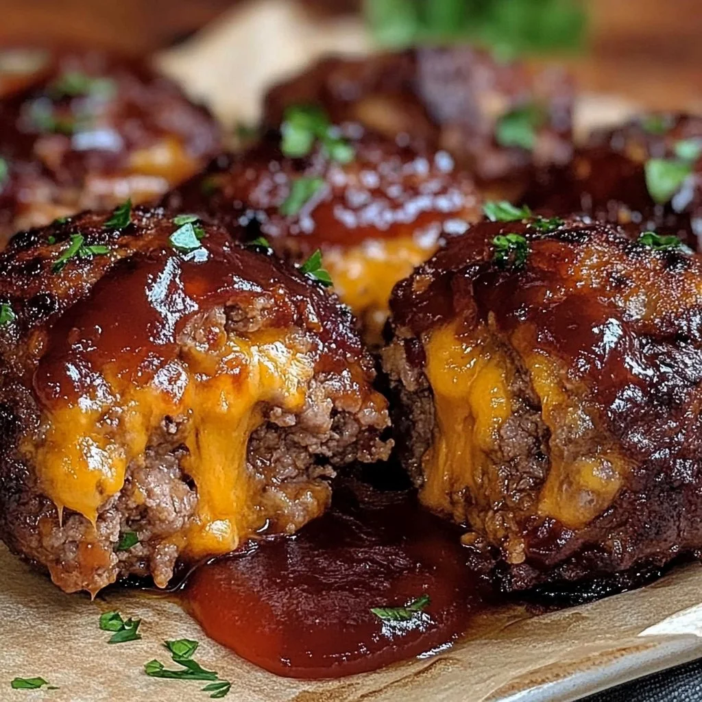 Bang-Bang Melty Bacon Cheddar Stuffed Meatloaf Bombs on a serving plate