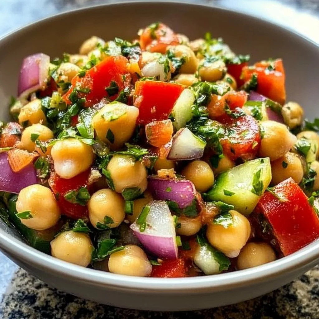 Colorful bean salad with chickpeas, vegetables, and dressing